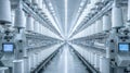 High-tech textile factory with white and silver yarn spools, the floor covered in rows of modern knitting Royalty Free Stock Photo