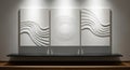 Modern textured wave art panels displayed on a gallery wall with spotlights Royalty Free Stock Photo