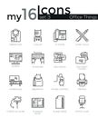 Modern thin line icons set of basic business essential tools, office equipment.