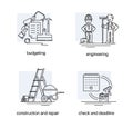 Modern thin line icons set of construction works on site and building tools