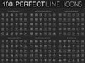 180 modern thin line icons set on dark black background. Cyber security, network technology, web development, digital