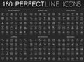 180 modern thin line icons set on dark black background. Entertainment, summer time, travel cruise, camping, gps