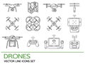 Modern thin line set with drones. Icons collection with quadrocopter, hexacopter, multicopter made in line style.