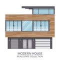 Modern three-storey house, real estate sign in flat style. Vector illustration Royalty Free Stock Photo