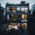 Modern three-story house with big windows and lots of greens. AI generative image