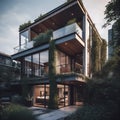 Modern three-story house with big windows and lots of greens. AI generative image