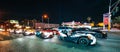 Modern three-wheeled cars on the road in Las Vegas, street view, city life, night in Las Vegas