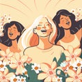 Modern Three Young Women Characters Shouting On Floral Decorated