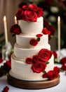 tiered wedding cake decoration with red marzipan roses on a wooden cake stand Royalty Free Stock Photo