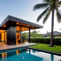 Modern tiki style home with metal, lights, palm tree and a pool