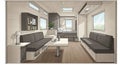 Modern tiny home interior with a minimalist design. Features include light wood Royalty Free Stock Photo