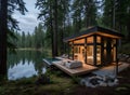 Modern Tiny House with Large Windows Overlooking Serene Lake in Forest Setting Evening Glow Royalty Free Stock Photo