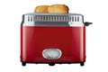 Modern toaster with toast isolated white background. Red electric cooking appliance Royalty Free Stock Photo