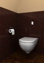 Modern toilet with brown tiles on wall