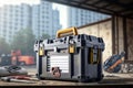 Modern toolbox in construction site. Close up, focus on foreground with copy space