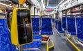 Modern touch payment terminal in bus. Terminal of payment for travel by transport or bank cards. Public city passenger Royalty Free Stock Photo