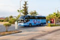Modern tourist bus with the logo of the German travel Agency TUI. Logistics and sightseeing tours. Travel bus, promenade with