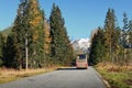 The modern tourist bus on mountain road