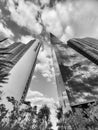 Modern tower buildings architecture bottom view on cloudy sky in city of Sunny Isles, USA