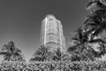 Modern towerblocks bottom view on blue sky with palms and hedge in South Beach, USA