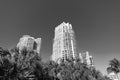 Modern towerblocks high-rise buildings architecture and palms on blue sky in South Beach, USA