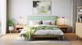 Modern townhouse bedroom with double bed green and white bed clothes side tables and abstract wall art Generative AI Royalty Free Stock Photo