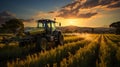 Modern tractor working in the farmland at sunset. Harvest season in the green field Royalty Free Stock Photo