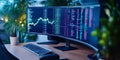 A modern trading workstation with dual curved monitors displaying financial market charts and stock data