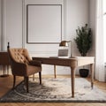Modern, traditional interior design of home office space with stylish chair, desk, frame mock up poster, natural light.