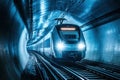 Modern train illuminated inside dark tunnel with bright headlights Royalty Free Stock Photo