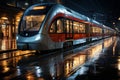 Modern train reaches platform in night view of bustling train station panorama