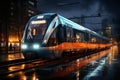 Modern train reaches platform in night view of bustling train station panorama