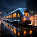 Modern train reaches platform in night view of bustling train station panorama