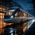 Modern train reaches platform in night view of bustling train station panorama