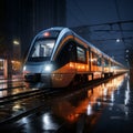 Modern train reaches platform in night view of bustling train station panorama