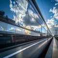Modern Train at Station Reflecting a Dramatic Sky Royalty Free Stock Photo
