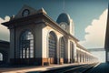 modern train station, with sleek lines and minimalistic design elements, meets classic vintage style