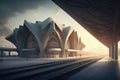 modern train station, with sleek and minimalist design elements, that blends seamlessly into the surrounding environment