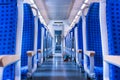 Modern Train Wagon Interior Seats Rows Blue Transportation White