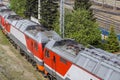 Modern train with wagons close-up at the railway station aerial view