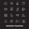 Modern training editable line icons vector set on black background. Modern training white outline illustrations, signs