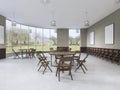 Modern training room with brown furniture and olive walls