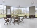 Modern training room with brown furniture and olive walls