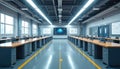 Modern training room with desks and computers. Futuristic classroom setup for learning. High tech lecture hall with interactive Royalty Free Stock Photo