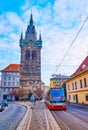 Henry`s Tower and modern tram, Prague, Czech Republic