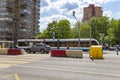 Modern tram urban electric transport on a Moscow street central district, Russia