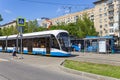Modern tram urban electric transport on a Moscow street central district, Russia