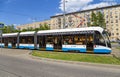 Modern tram urban electric transport on a Moscow street central district, Russia