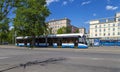 Modern tram urban electric transport on a Moscow street central district, Russia