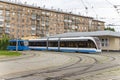 Modern tram urban electric transport on a Moscow street central district, Russia